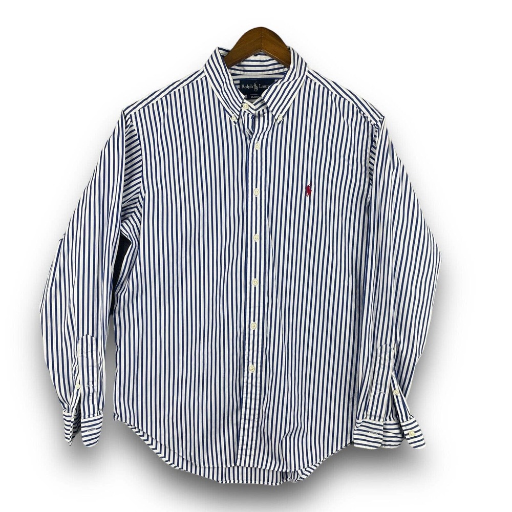 Polo Ralph Lauren Classic Fit Stripe Blue White Long Sleeve Shirt L
